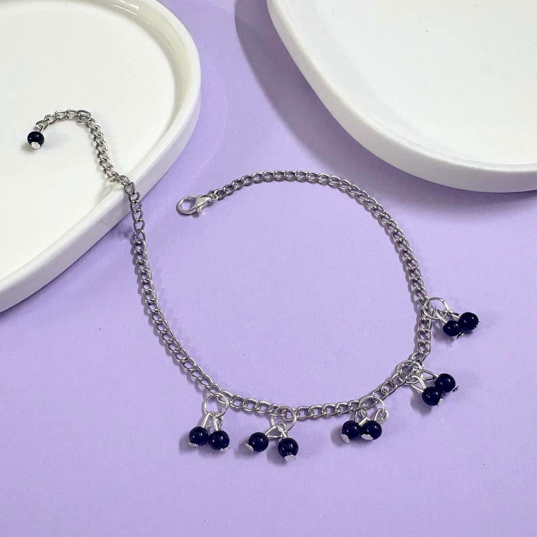 Black Beads Alloy Silver Tone Anklet