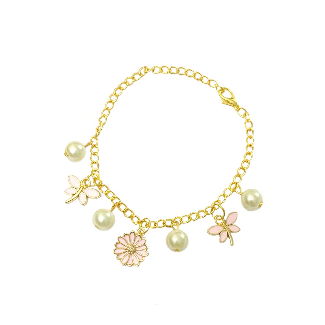 Pink Daisy Butterfly Imitation Pearl Charm Bracelet