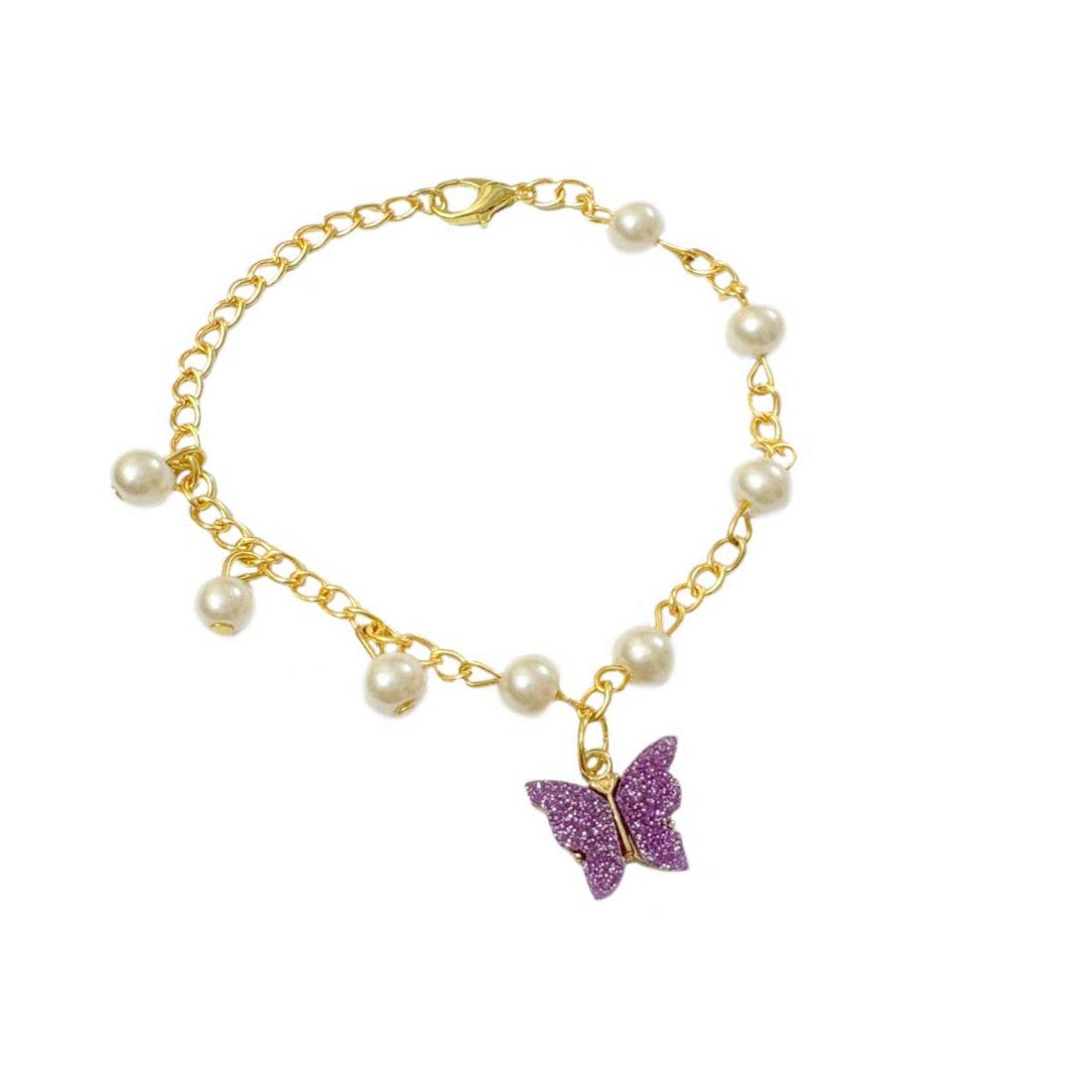 Purple Glitter Butterfly Imitation Pearl Charm Bracelet