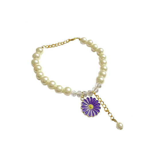 Purple Daisy Crystal Pearl Charm Bracelet