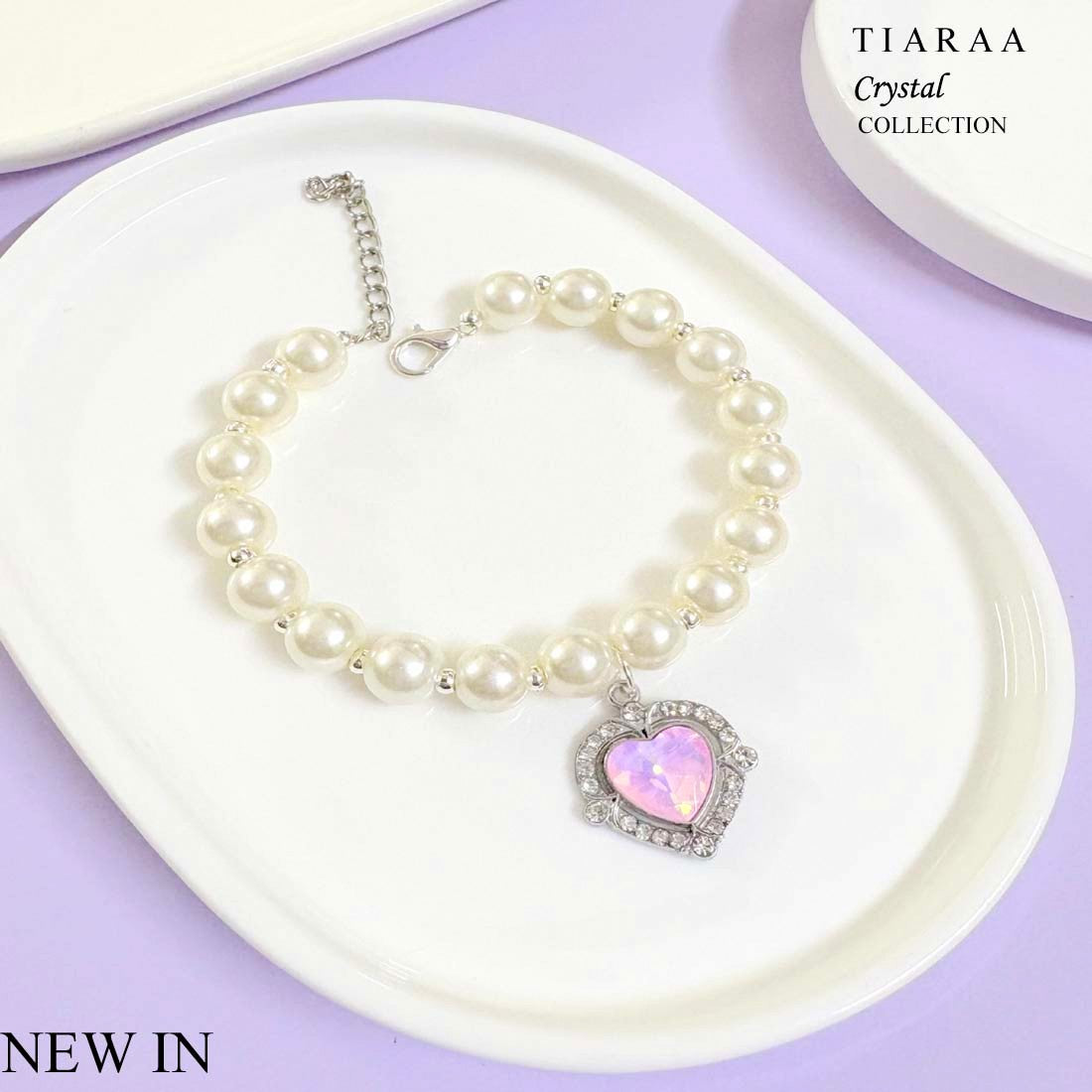 Pink Stone Heart Pearl SIlver Bracelet