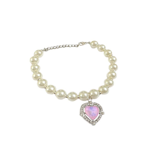 Pink Stone Heart Pearl SIlver Bracelet