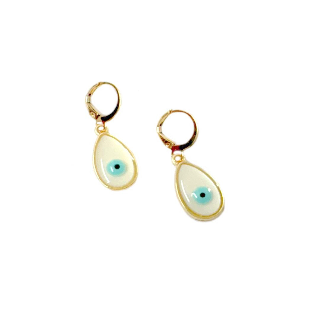 White Evil Eye Drop Golden Earrings