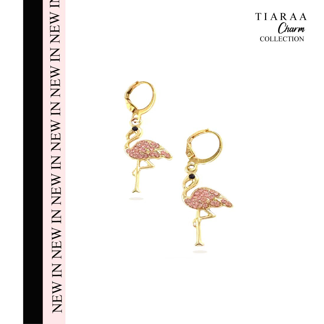 Pink Flamingo Golden Charm Earrings