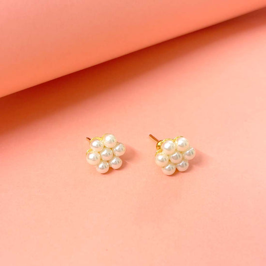 White Pearl Floral Golden Stud Earrings