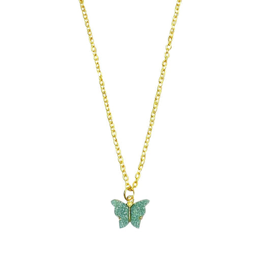 Green Glitter Butterfly Charm Pendant Earrings Combo Set