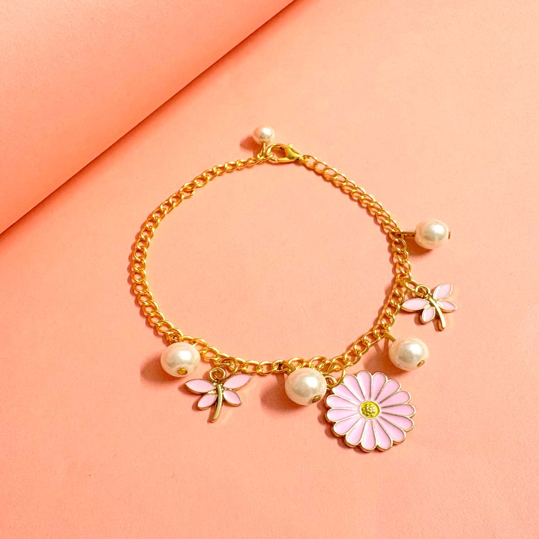 Pink Daisy Butterfly Imitation Pearl Charm Bracelet