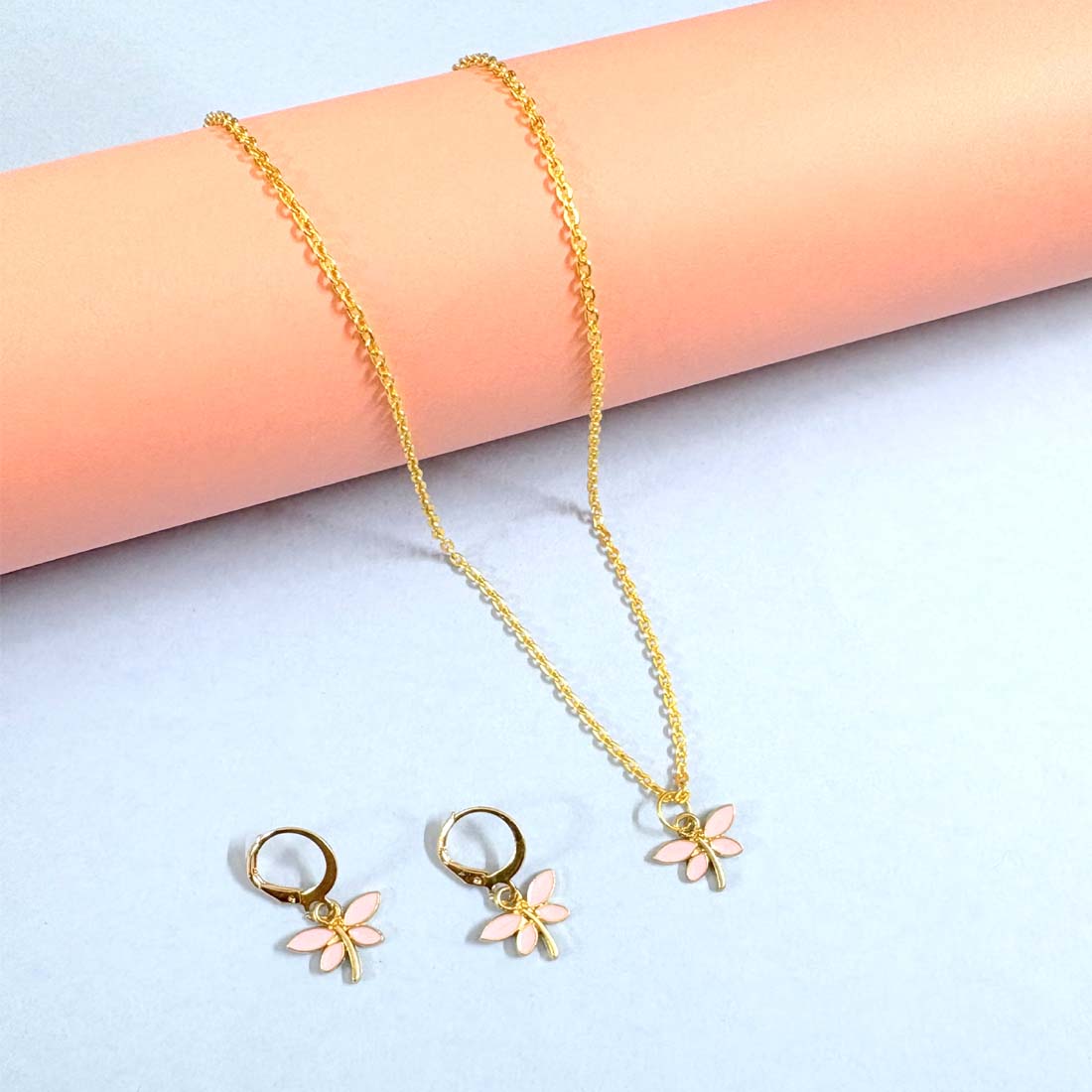 Pink Butterfly Pendant Charm Necklace Set