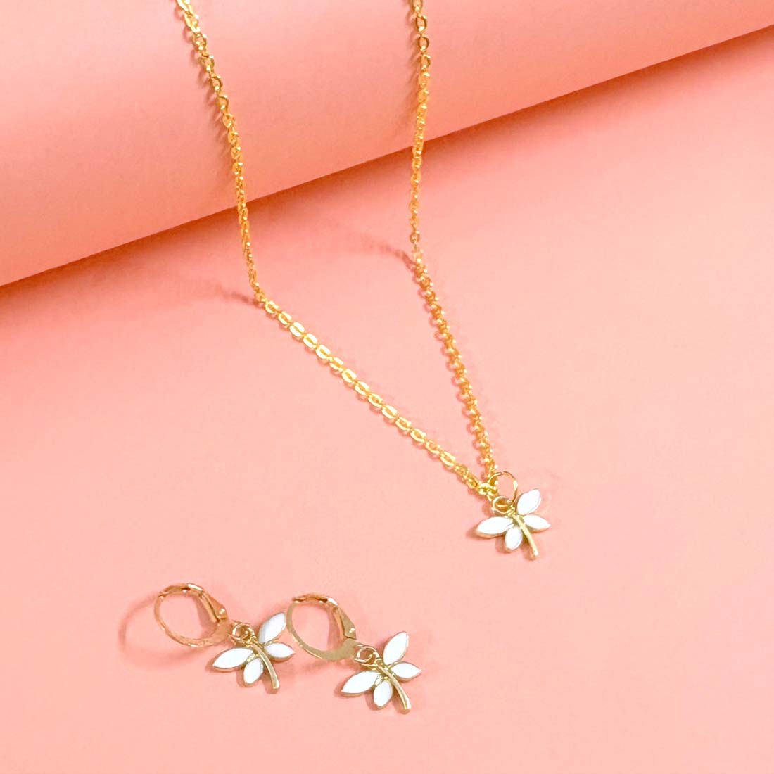 White Butterfly Pendant Charm Necklace Set