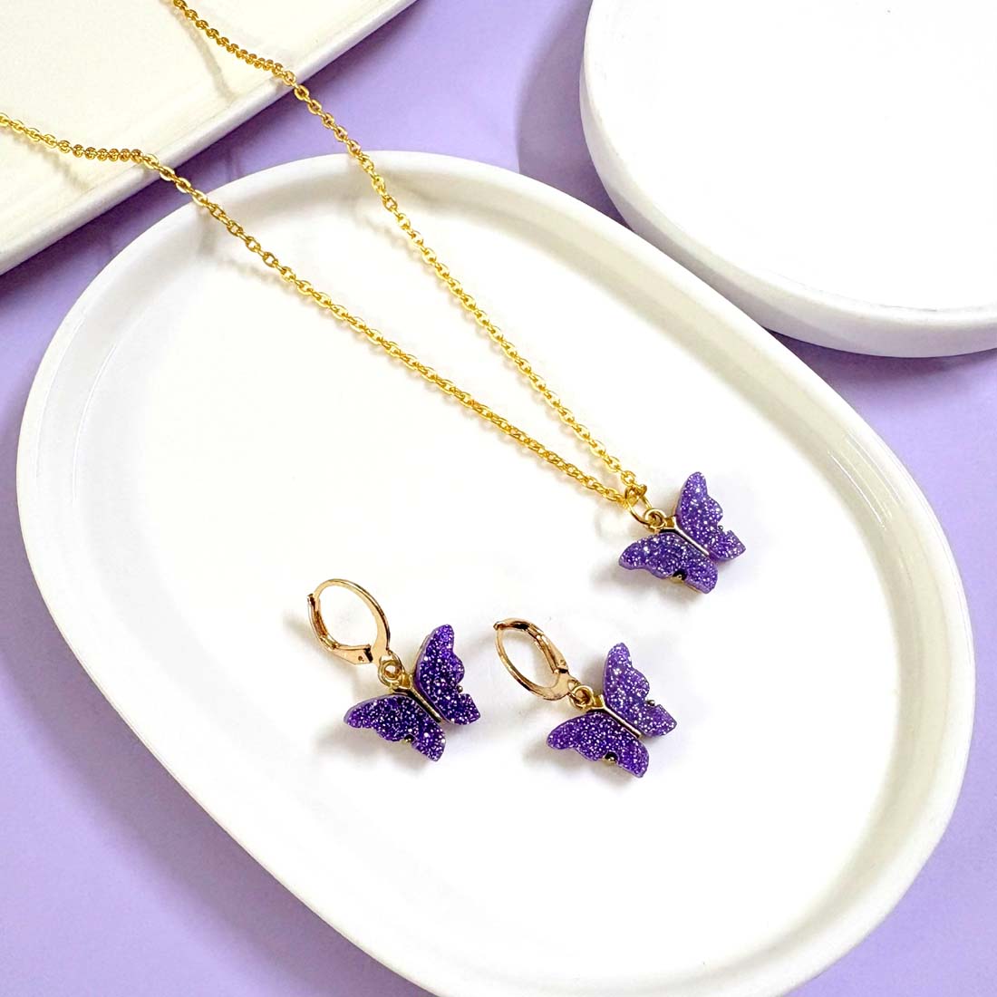 Purple Glitter Charm Necklace Set