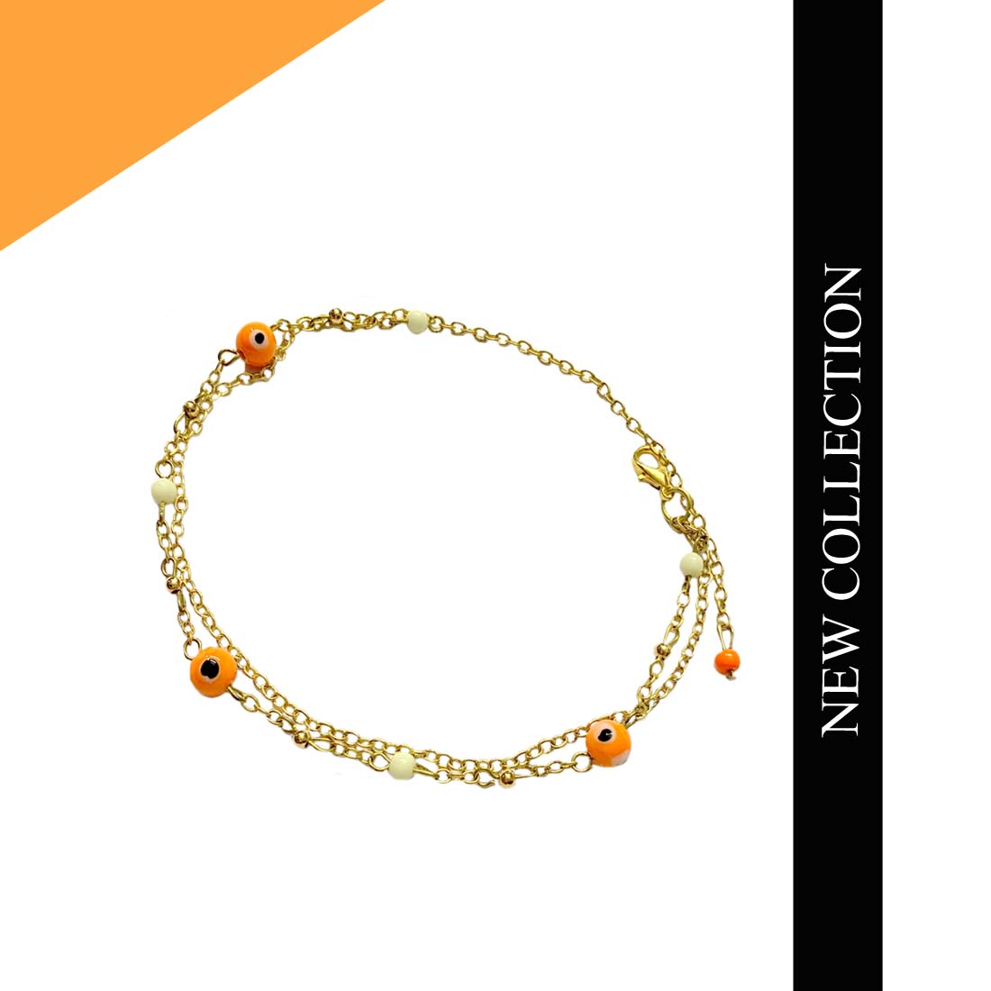 Orange Evil Eye Gold Tone Bead Anklet
