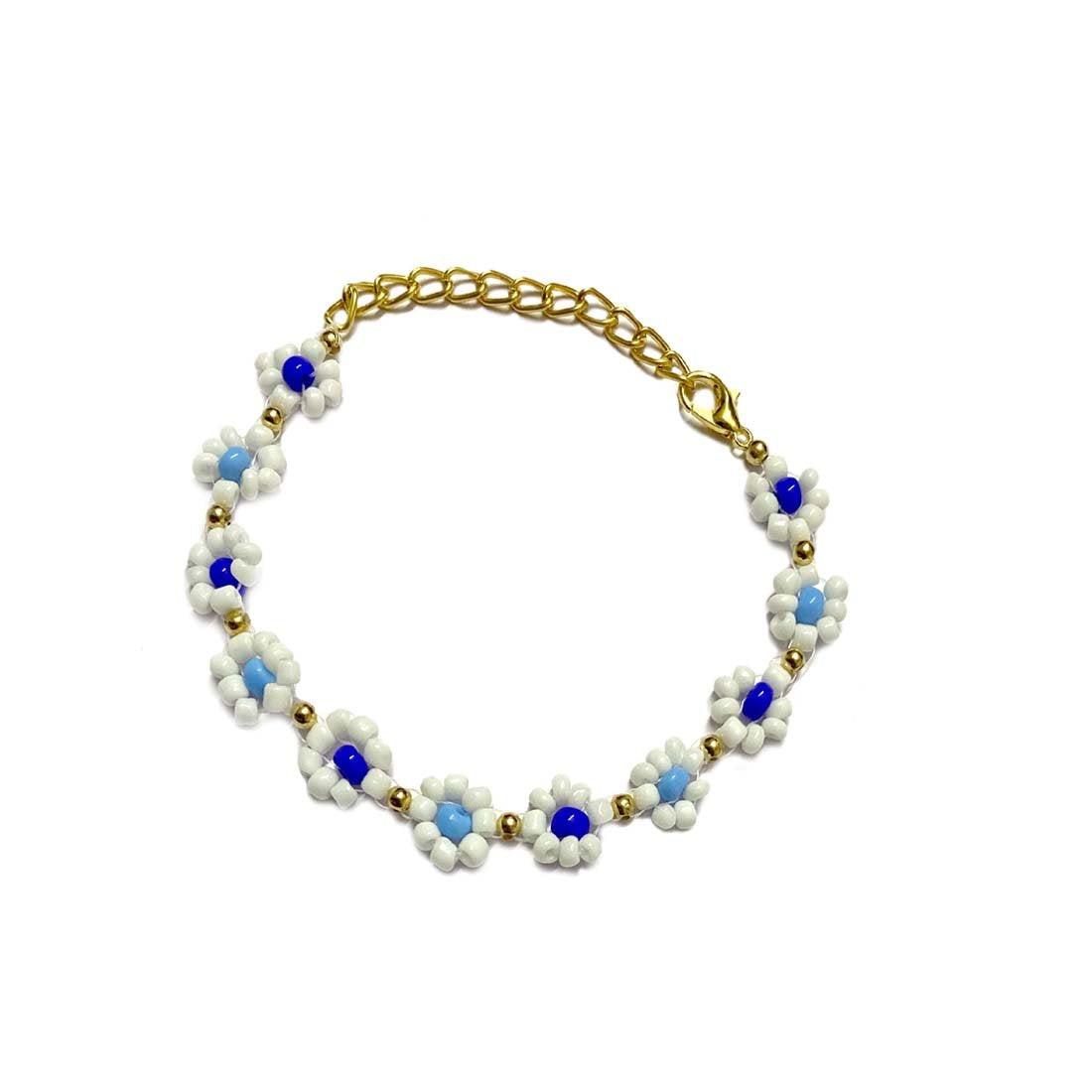 White Blue Floral Chain Charm Bracelet