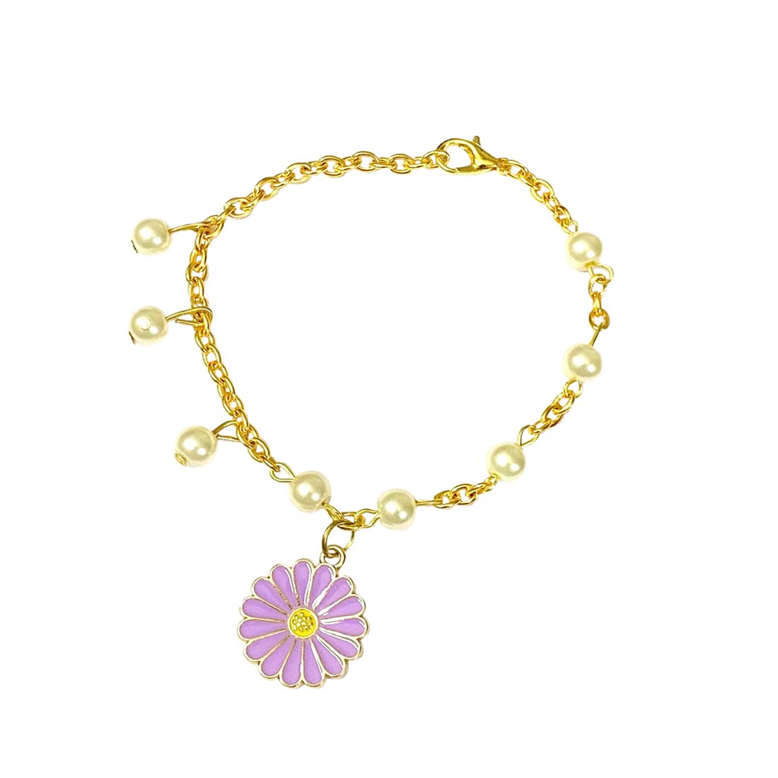 Purple Daisy Pearl Chain Charm Bracelet