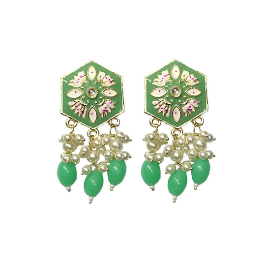 Light Green Meenakari Golden Pearl Fashion Earrings