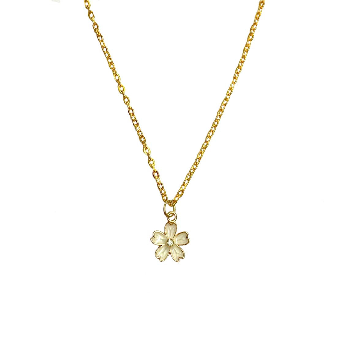 White Floral Studded Golden Charm Necklace