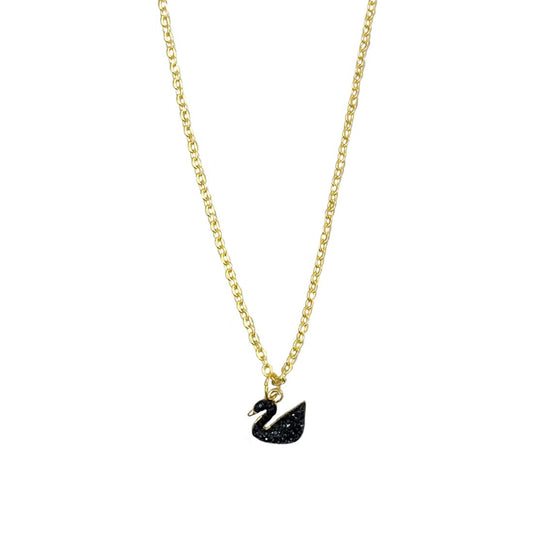 Black Glitter Swan Studded Golden Charm Necklace