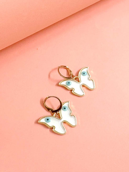 White  Butterfly Evil Eye Drop Golden Earrings