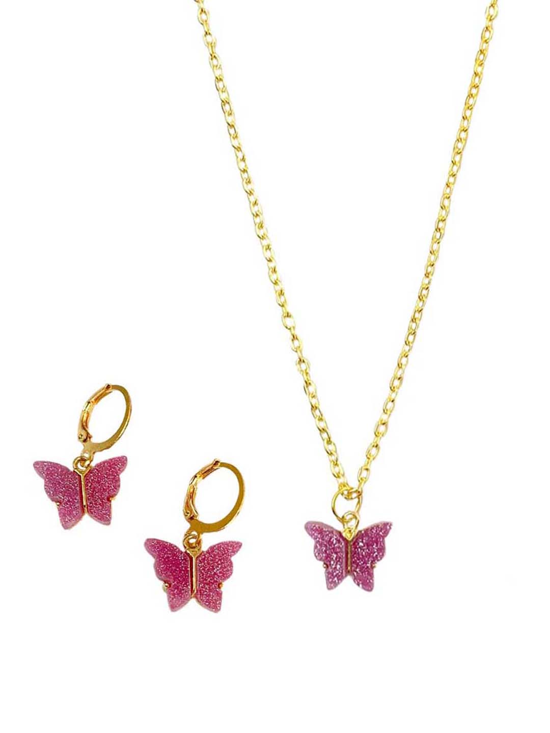 Magenta Butterfly Pendant Charm Necklace Set