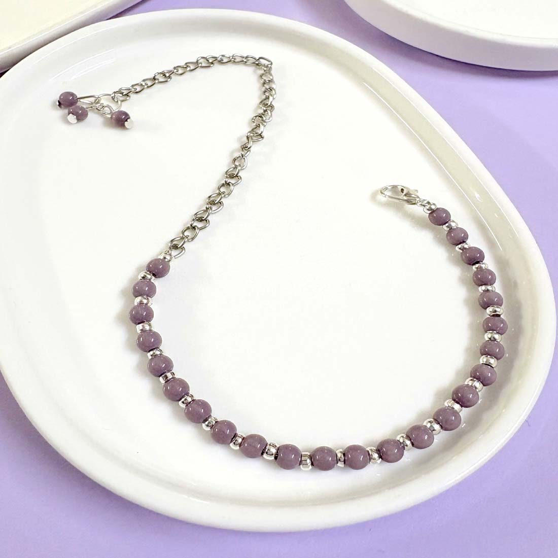 Purple Beads Silver Anklet