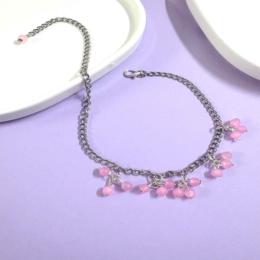 Pink Beads Alloy Silver Tone Anklet