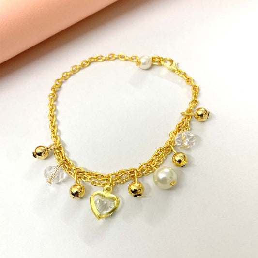 White Pearl Heart Gold Tone Charm Bracelet