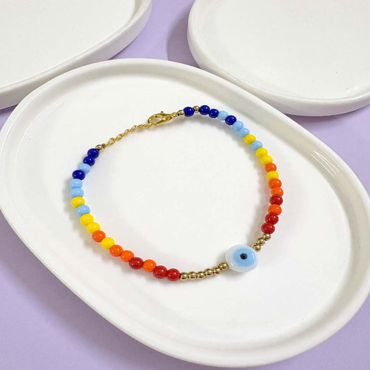 White Evil Eye Multicolor Beads Golden Bracelet