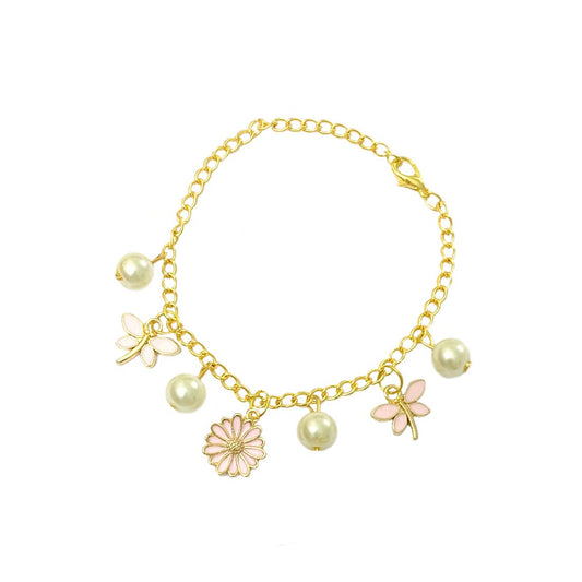 Pink Daisy Butterfly  Imitation Pearl Charm Bracelet