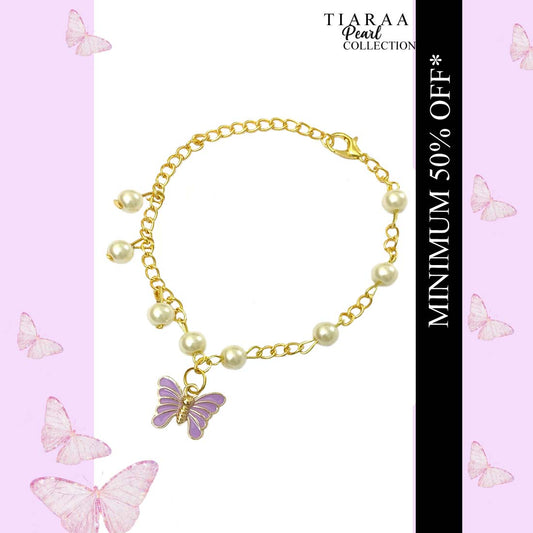 Purple Golden  Butterfly Imitation Pearl Charm Bracelet