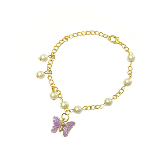 Purple Golden Butterfly Imitation Pearl Charm Bracelet
