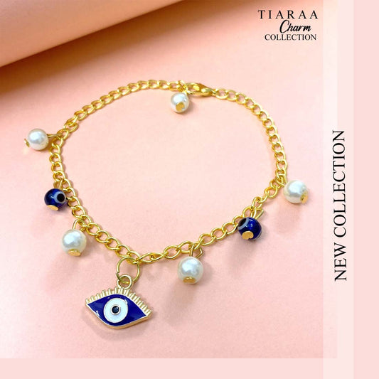 Blue Evil Eye Pearl Golden Charm Bracelet