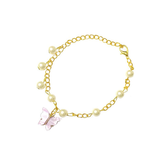 Purple Butterfly Pearl Chain Charm Bracelet