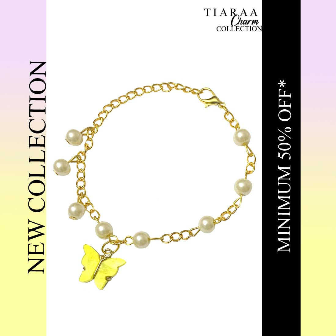 Yellow Butterfly Pearl Charm Bracelet