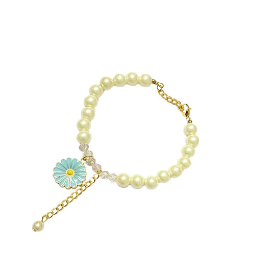 Blue Daisy  Crystal Pearl Charm Bracelet