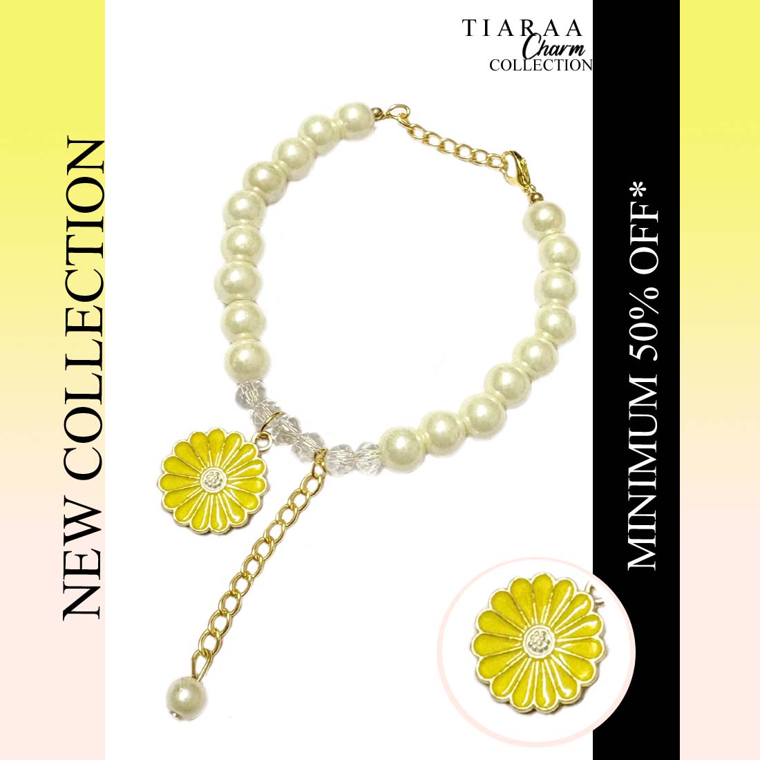 Yellow Daisy  Crystal Pearl Charm Bracelet