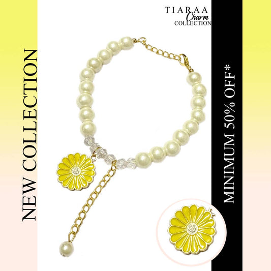 Yellow Daisy  Crystal Pearl Charm Bracelet