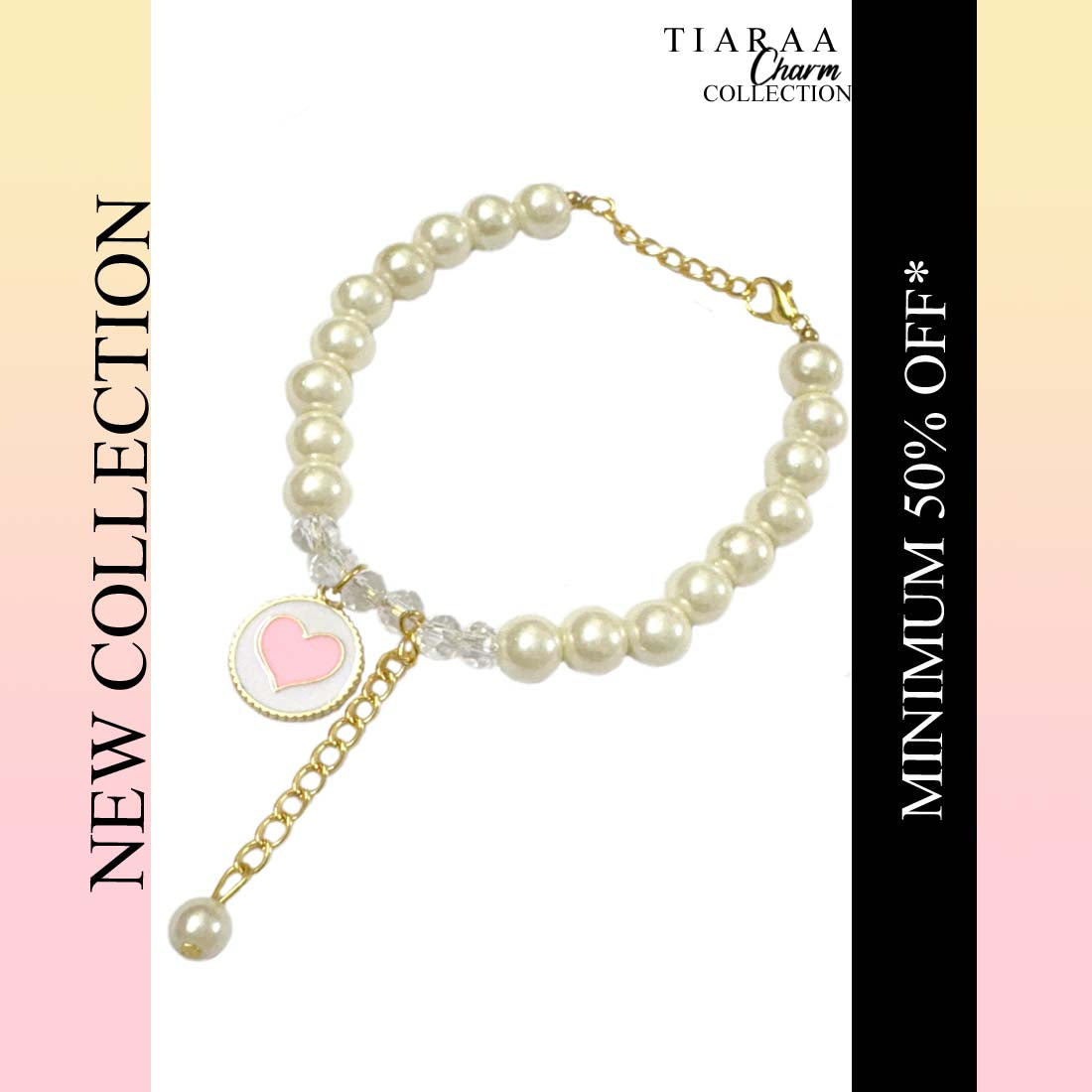Pink Heart Crystal Pearl Charm Bracelet