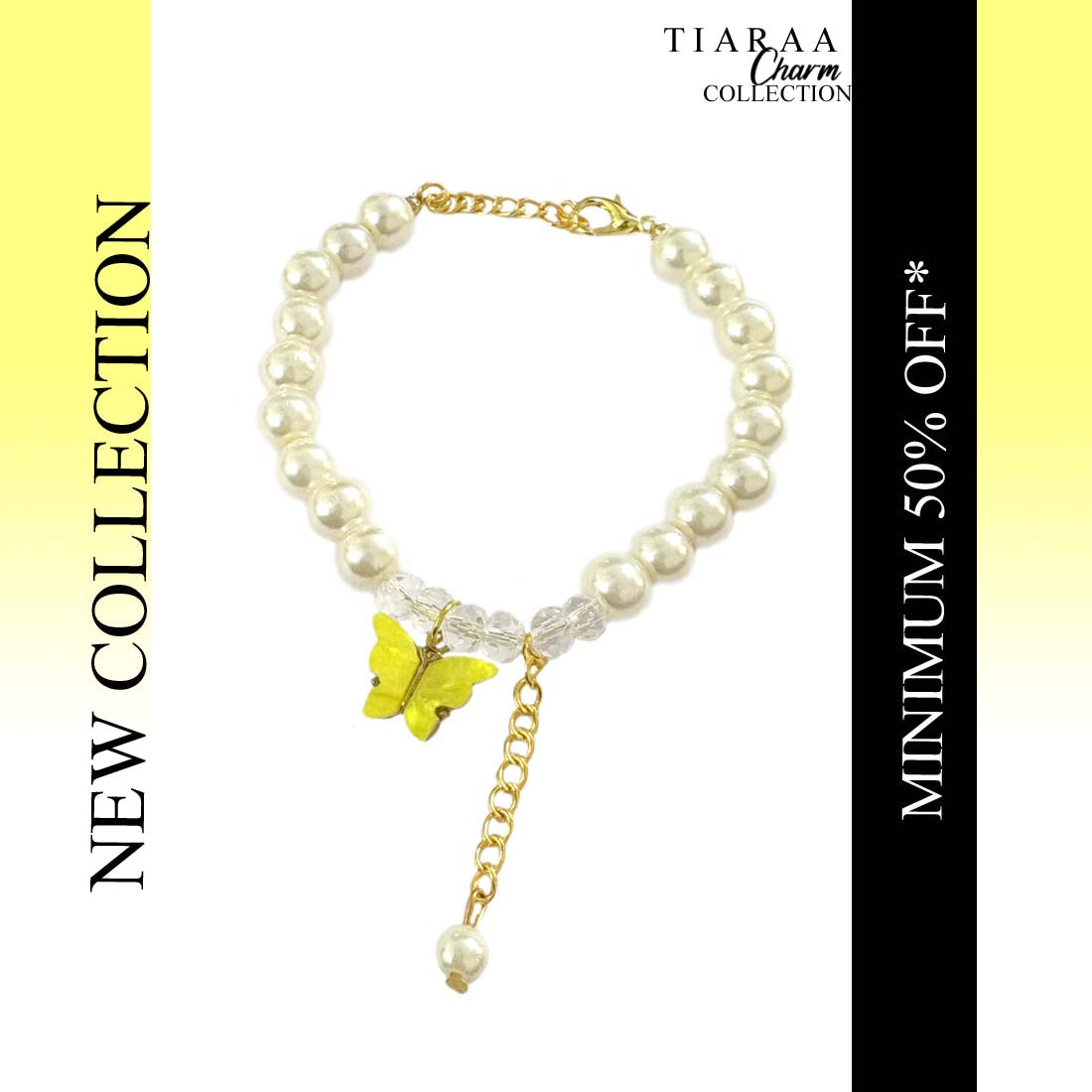 Yellow Butterfly Crystal Pearl Charm Bracelet