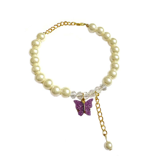 Purple Butterfly Crystal Pearl Charm Bracelet