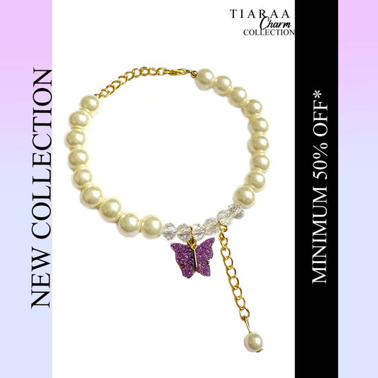 Purple Butterfly Crystal Pearl Charm Bracelet