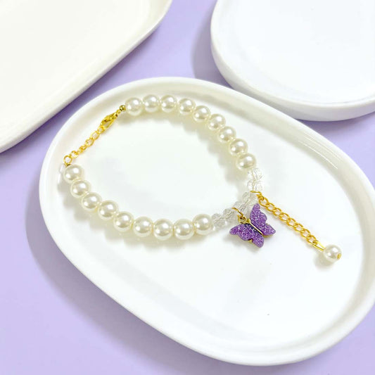 Purple Butterfly Crystal Pearl Charm Bracelet