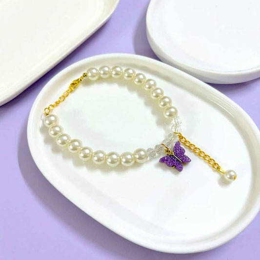 Purple Butterfly Crystal Pearl Charm Bracelet