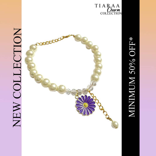 Purple Daisy Crystal Pearl Charm Bracelet