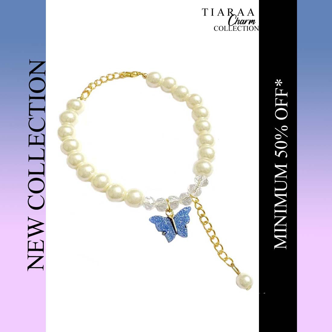 Dark Blue Butterfly Crystal Pearl Bracelet
