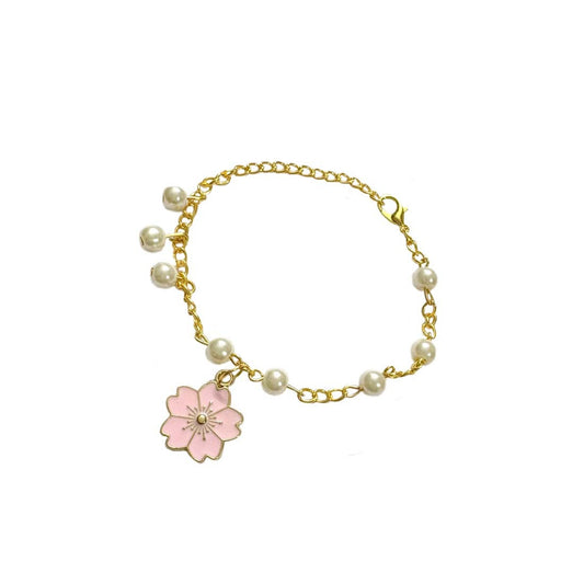 Pink Floral Imitation Pearl Charm Bracelet