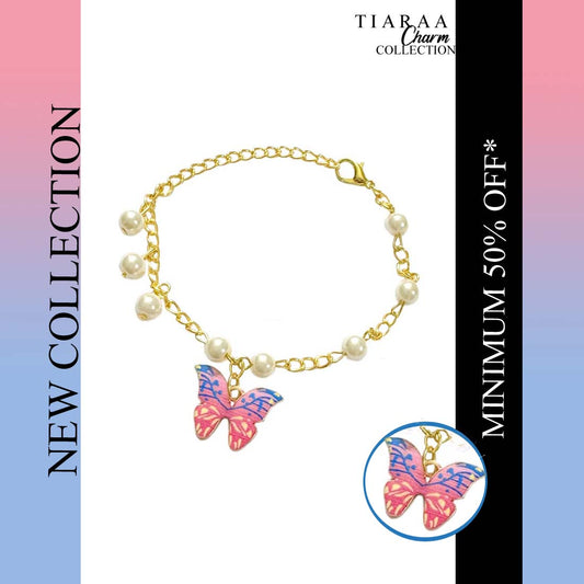 Pink Mult Butterfly Chain Pearl Bracelet