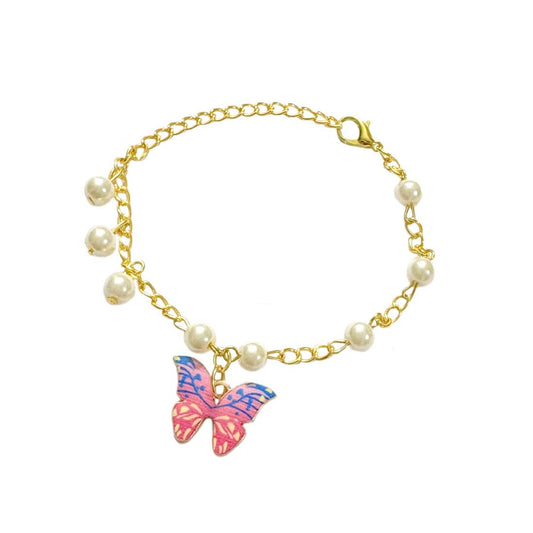 Pink Mult Butterfly Chain Pearl Bracelet