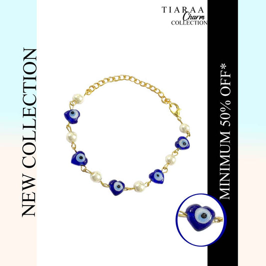 Heart Blue Evil Eye Pearl Charm Bracelet