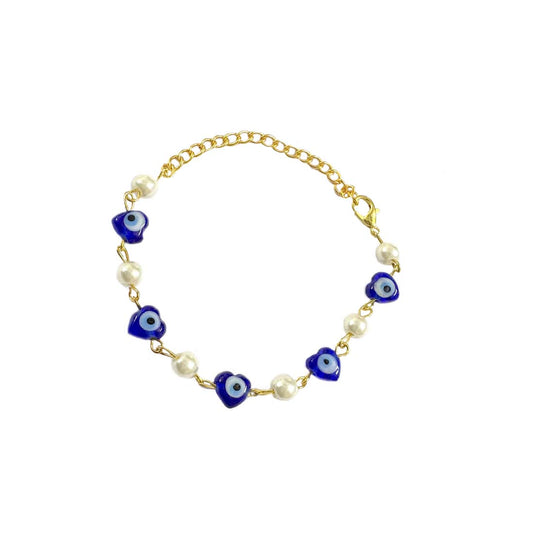Heart Blue Evil Eye Pearl Charm Bracelet