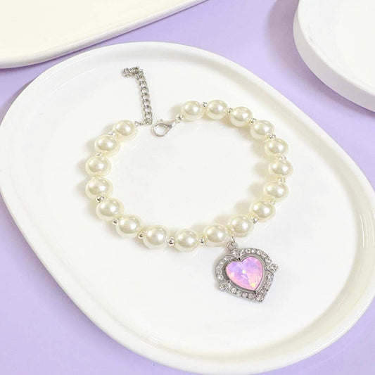 Pink Stone Heart Pearl SIlver Bracelet