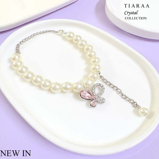 Pink Butterfly  Pearl SIlver Bracelet